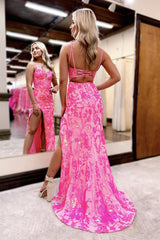 Cute Pink Sweetheart Sequins Lace Mermaid Sheath Prom Dresses with Slit