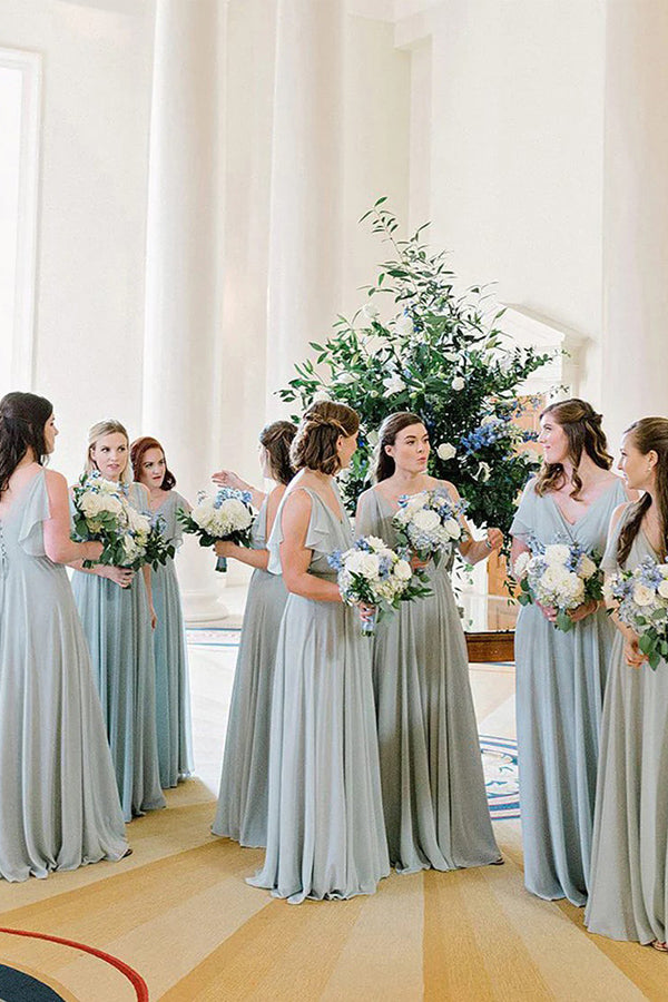 Light Blue A-Line Floor Length Bridesmaid Dress with Ruffles
