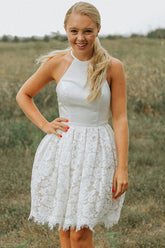 A-Line Ivory Lace Halter Neckline Backless Short Homecoming Dress