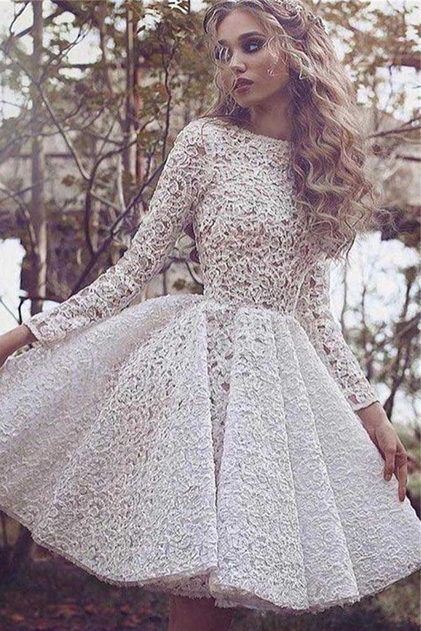 A-Line Knee-Length Ivory Long Sleeves Lace Homecoming Dress