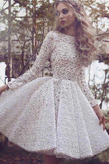 A-Line Knee-Length Ivory Long Sleeves Lace Homecoming Dress