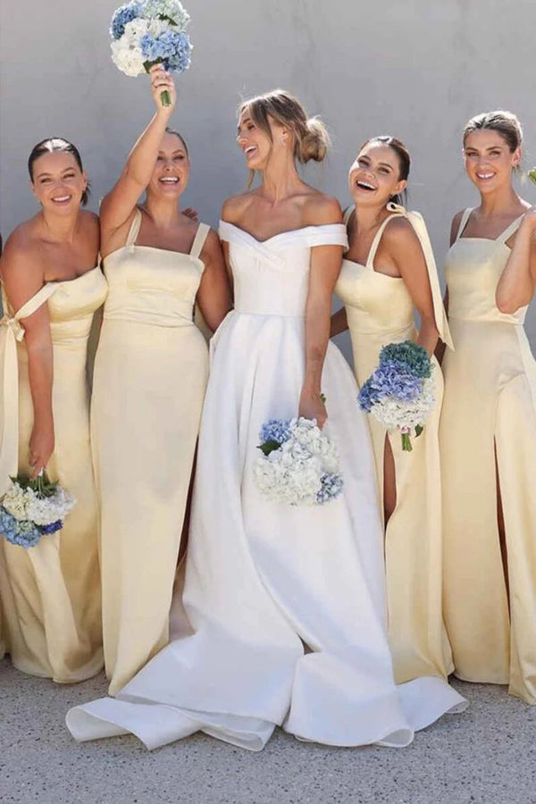 Light Yellow A-Line Bridesmaid Dress, Scoop Neck, with Slit