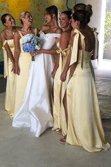 Light Yellow A-Line Bridesmaid Dress, Scoop Neck, with Slit