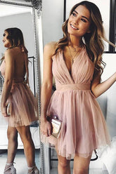 A-Line Pink Tulle Deep V-Neck Backless Pleated Mini Homecoming Dress