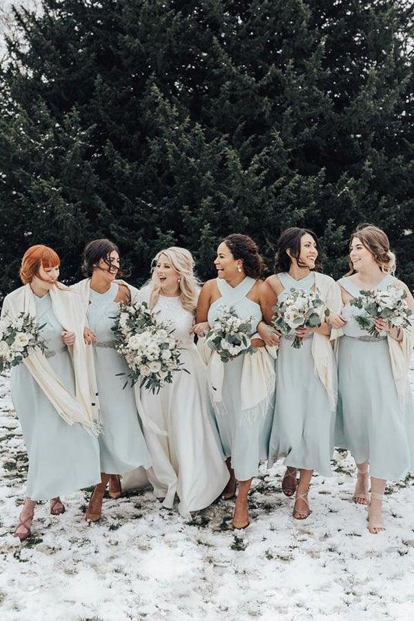 A-line Halter Pleated Chiffon Sleeveless Bridesmaid Dresses, Tea Length