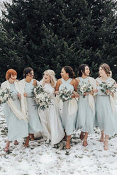 A-line Halter Pleated Chiffon Sleeveless Bridesmaid Dresses, Tea Length