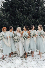 A-line Halter Pleated Chiffon Sleeveless Bridesmaid Dresses, Tea Length