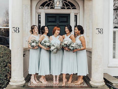 A-line Halter Pleated Chiffon Sleeveless Bridesmaid Dresses, Tea Length