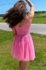 A-Line Hot Pink Lace Appliques Homecoming Dress Party Dress