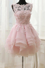 A-Line Lace Bateau Neckline Pink Homecoming Dress with Appliques