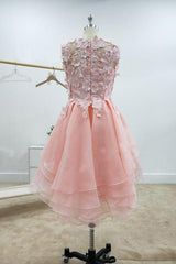 A-Line Lace Bateau Neckline Pink Homecoming Dress with Appliques