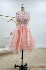 A-Line Lace Bateau Neckline Pink Homecoming Dress with Appliques