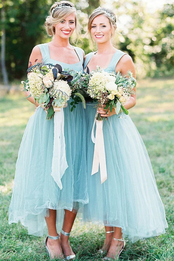 Simple Bridesmaid Dresses, A-line Square High Low Tulle Beaded