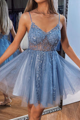 A-Line V-Neck Mini Tulle Homecoming Dress with Beading and Sequins
