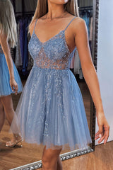 A-Line V-Neck Mini Tulle Homecoming Dress with Beading and Sequins
