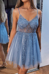 A-Line V-Neck Mini Tulle Homecoming Dress with Beading and Sequins