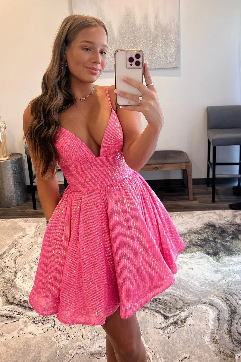 A-Line V-Neck Sequin Pink Homecoming Dress Short Party Dress