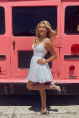 A-Line V-Neck Sequin Pink Homecoming Dress Short Party Dress