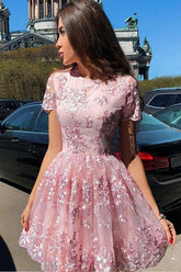 Lace Short Sleeve A-Line Prom Dress Short Homecoming Dress