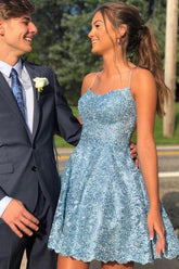 A-Line Spaghetti Straps Cross Back Blue Lace Short Prom Dress