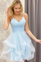 A-Line V-Neck Short Blue Prom Dress Tulle Homecoming Dress