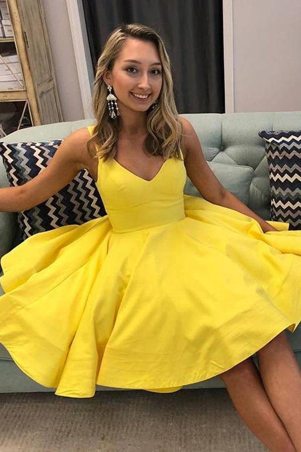 A-Line V-Neck Short Yellow Satin Prom Dress Homecoming Dress