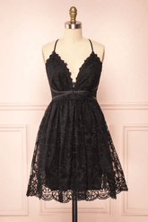 Black Lace Straps A-Line Short Party Dress Lace Homecoming Dress