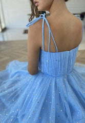 Blue Tulle Sequined Tea-Length Prom Dress Party Dress Homecoming Dress