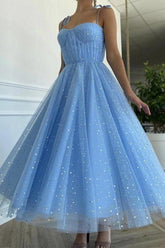 Blue Tulle Sequined Tea-Length Prom Dress Party Dress Homecoming Dress