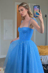 Blue Tulle Sequined Tea-Length Prom Dress Party Dress Homecoming Dress