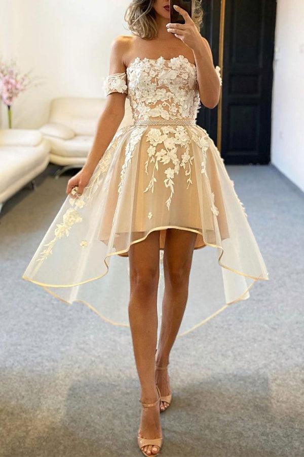 Champagne Tulle Off The Shoulder High Low Homecoming Dress