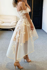 Champagne Tulle Off The Shoulder High Low Homecoming Dress