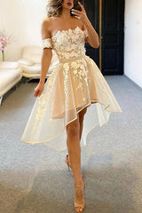Champagne Tulle Off The Shoulder High Low Homecoming Dress