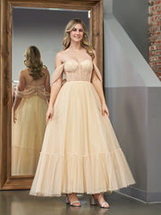 A-Line Champagne Tulle Sweetheart Tea-Length Prom Dress