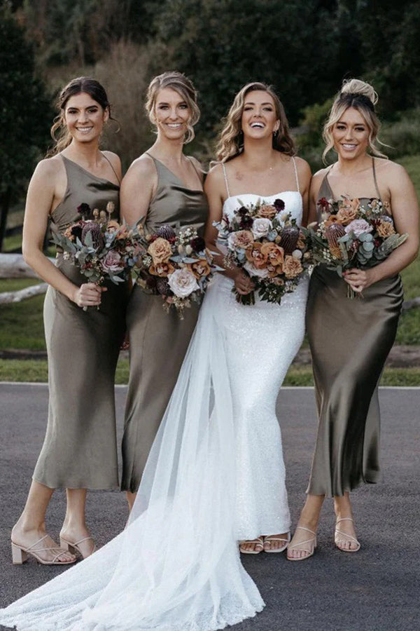 Chic Satin Sheath Bridesmaid Dresses, Tea-length Short Gowns