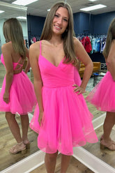 Criss-Cross Back Hot Pink Straps A-Line Tulle Homecoming Dress