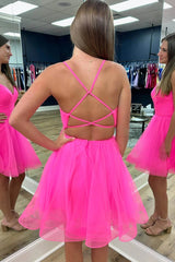 Criss-Cross Back Hot Pink Straps A-Line Tulle Homecoming Dress