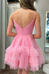 Cute A-Line Spaghetti Straps Pink Tulle Homecoming Party Dress