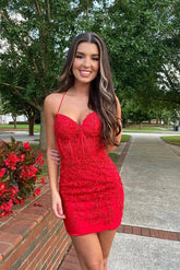 Red Sweetheart Lace Backless Tight Homecoming Dress Cute