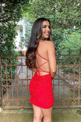 Red Sweetheart Lace Backless Tight Homecoming Dress Cute
