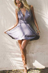 Deep V-Neck Criss-Cross Straps Short Blush Satin Homecoming Dress