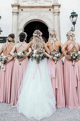 Pink Elastic Satin A-Line V Neck Pleats Long Bridesmaid Dresses
