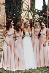 Pink Elastic Satin A-Line V Neck Pleats Long Bridesmaid Dresses