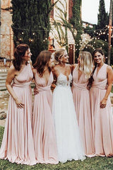 Pink Elastic Satin A-Line V Neck Pleats Long Bridesmaid Dresses