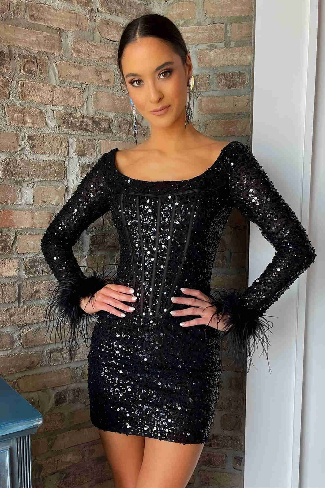 Bodycorn Sequins Homecoming Dress with Long Sleeves