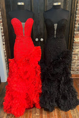 Strapless Cut-Out Back Ruffle Layers Mermaid Sheath Prom Dress