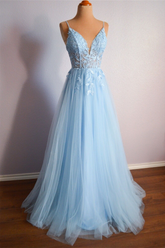 Light Blue V Neck Lace-Up Appliqued Tulle Long Prom Dress