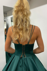 A-line Hunter Green V-Neck Satin Long Prom Dress