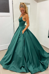 A-line Hunter Green V-Neck Satin Long Prom Dress