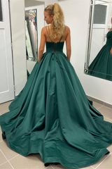 A-line Hunter Green V-Neck Satin Long Prom Dress
